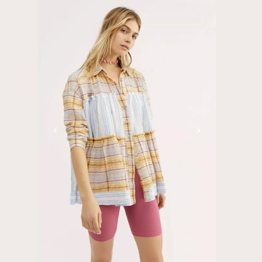 NEW FREE PEOPLE WAITING ON SUMMER PLAID BUTTONDOWN Z204